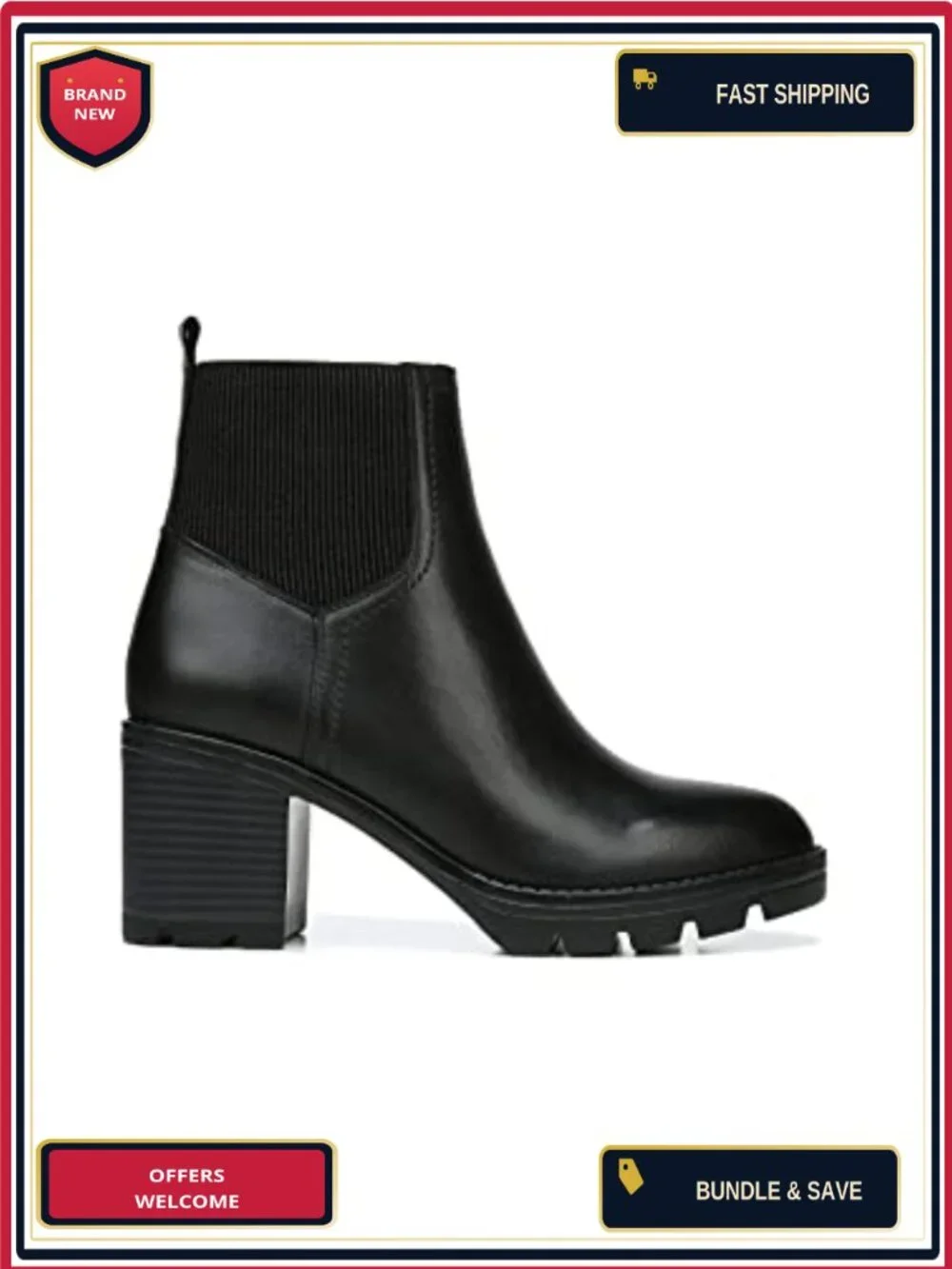 Waterproof Leather Ankle Bootie with Lug Sole, Side Zip, Block Heel